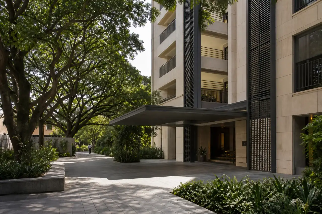 Prestige Dobbaspet residential arrival court framed by mature trees and shaded paths