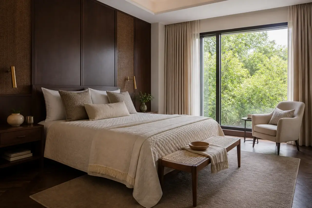Calm bedroom with layered neutral textiles and a window-side reading corner