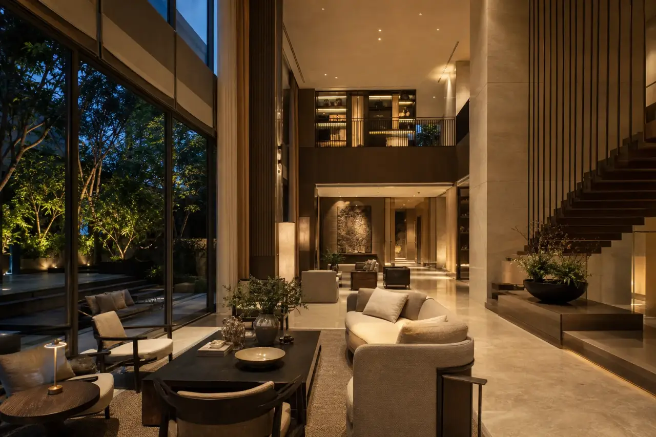 Double-height residents lounge opening to a shaded terrace and planted garden